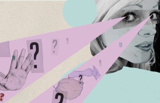 Illustrasjonen viser en kollasj av en dame som ser mot to "stråler" av hender, armer, spørsmålstegn, munnbind m.m.