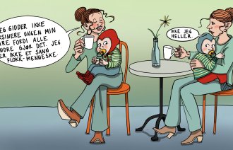 Illustrasjonen viser to mødre som sitter med hvert sitt barn på fanget. 