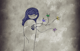 Illustrasjonen viser en kvinne, der ordene respekt, autonomi, empati og likeverd "strømmer ut" fra hjertet