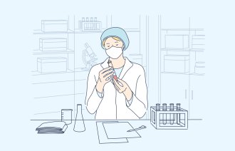 Illustrasjonen viser en helsearbeider som analyserer blodprøver.