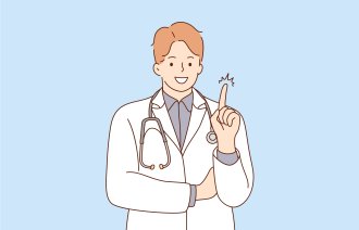 Illustrasjonen viser en mann med legefrakk og stetoskop som holder en finger i været.