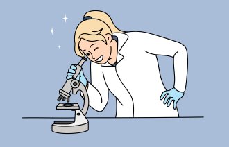 Illustrasjonen viser en kvinnelig forsker som studerer noe gjennom et mikroskop.