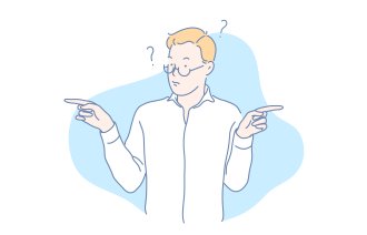 Illustrasjonen viser en mann i hvit skjorte som peker fingre i hver sin retning.