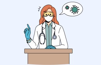 Illustrasjonen viser en helsearbeider som står og foreleser, og en snakkeboble med virus inni.
