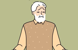 Illustrasjonen viser en eldre mann med spørsmålstegn over hodet.