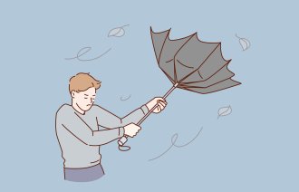 Illustrasjonen viser en mann med paraply i storm.