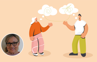 Psykiater og pasient nøster opp i tanker. Illustrasjonen viser en psykiater og en pasient som nøster opp i tanker.