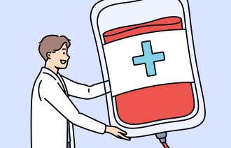 Illustrasjonen viser en helsearbeider og en blodpose.