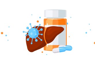 The illustration shows a liver and a glass with some pills on front of it