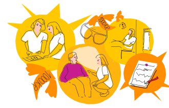 Den tegnede illustrasjonen viser en sykepleier i snakk med en kollega, snakker med en pasient, sitter på pauserommet, viser en kontrakt, et par briller og flygende penger.