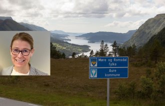 Bildet viser fylkesleder i Møre og Romsdal, Trine Bruseth Sevaldsen, og oversiktsbilde av Aure kommune