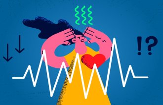 Illustrasjonen viser en psykisk syk kvinne med hjertelidelse.