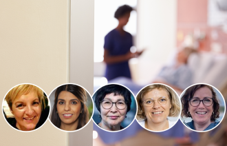 Bildet viser et uskarpt bilde av en sykepleier som prater med en pasient som er sengeliggende. I selve bildet er portrettbilder av alle innleggsforfatterne lagt inn.