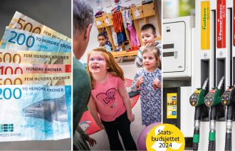 Bildet viser barnehagebarn, penger og bensinpumper