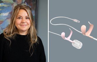 Bildet viser Marie Steinfjell og oppfinnelsen hennes