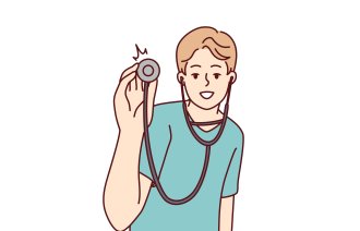 Illustrasjonen viser en helsearbeider med stetoskop.
