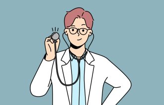 Illustrasjonen viser en helsearbeider med stetoskop.