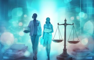 Illustrasjonen viser to kvinner (helsepersonell) som bærer på papirer. En vekt står til høyre for dem, og rundt ligger bunker med papirer