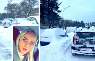 Bildet viser snøfull gate med el-bilen som hjemmetjenesten bruker