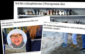 Montasjen viser faksimiler fra saker skrevet om arbeidstøy for sykepleiere.