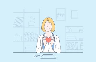 Illustrasjonen viser en kvinnelig helsearbeider med et hjerte.