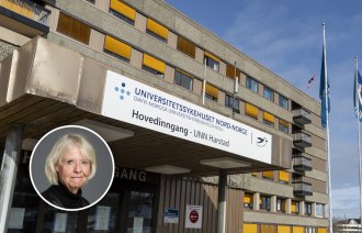 Bildet viser Universitetssykehuset Nord-Norges lokaler i Harstad med et bilde av Sykepleiens redaktør Anne Hafstad innfelt