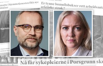 Bildet viser Lill og Vikleik i en collage av tidligere overskrifter om arbeidstøy