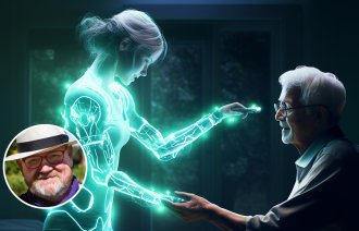 Bildet viser en vennlig robot som kommuniserer med en eldre mann