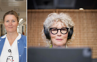 Bildet viser kreftsykepleier Therese Holm Bjørnebekk og en kvinne som sitter foran en skjerm med øretelefoner på