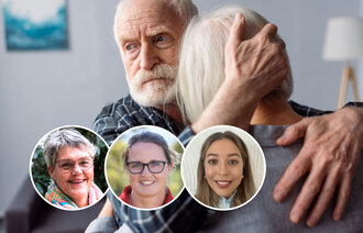 Bildet viser en eldre mann som holder rundt en eldre kvinne omsorgsfullt