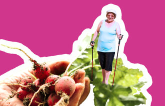 Bilde viser eldre kvinne i reddikåker Bilde viser eldre kvinne i reddikåker