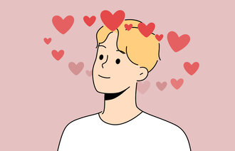 Illustrasjonen viser en gutt med hjerter rundt hodet.