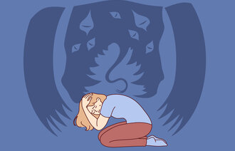 Illustrasjonen viser en kvinne som ser et ikke virkelig monster.