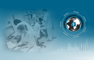 Illustrasjonen viser noen sykepleiere som sitter og jobber på et kontor. En jordklode synes til høyre i bildet, med teksten "Fagfellevurdert forskningsartikkel" rundt. Under ses søyler og grafer