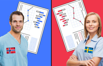 Illustrasjonen viser en mannlig sykepleier med et norsk flagg på brystet på sykepleieruniformen. Vendt mot ham står en dame med et svensk flagg på brystet. Mellom dem i bakgrunnen er to skjemaer