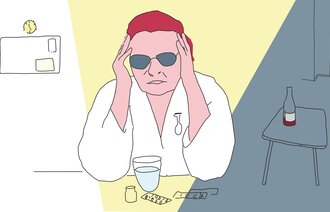 Bildet viser en illustrasjon av en sykepleier som sliter med rusmisbruk