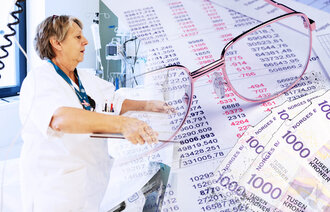 Bildet viser en illustrasjon satt sammen av en sykepleier, oversikt over tall, tusenlapper og briller