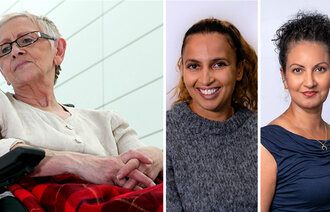 Bildet viser et illustrasjonsbilde av en eldre kvinne og portretter av innleggsforfatterne