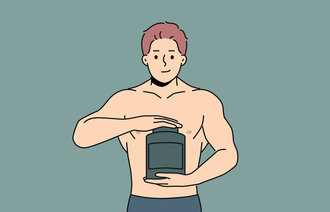 Illustrasjonen viser en muskuløs mann som holder en beholder.