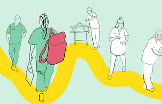 Illustrasjonen viser en vei/snor mellom tegnede sykepleiere