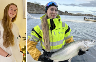 bildet av emilie brunes i sykepleieuniform og på oppdrettsanlegget