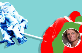 Bildet viser en illustrasjon som viser en drakamp mellom politikere