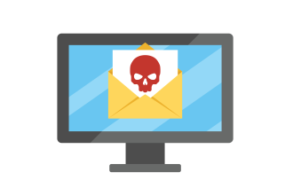 Illustrasjonen viser en PC-skjern med en konvolutt på, der et brev stikker opp med et dødninghode på.