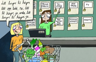 Illustrasjonen viser en kvinne med handlevogn som dirigerer en kassadame som står foran en vegg med skap det står ting som tja-varer og ikke trygg.