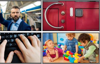 Bildet viser en collage fra berøringer av overflater som tastatur, dørhåndtak o.l