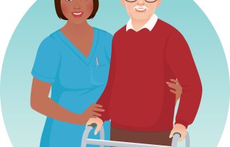 Tegning av sykepleier og eldre mann med gåstol.