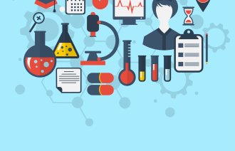 Nye praksismodeller og utdanning er prioriterte områder for NSFs strategiske forskningsmidler i år. Illustrasjonen viser en sykepleier med ulike forskningselaterte ikoner.