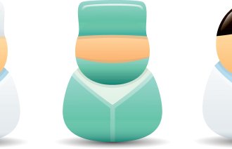 Illustrasjonen viser tre dukkeaktige figurer kledd som helsepersonell.