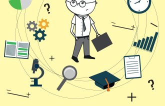 Illustrasjon av en forsker med tall, reagensrør, tannhjul, mikroskop m.m. som svever i ring rundt ham