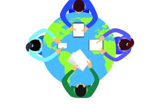 Illustrasjonen viser fire mennesker som sitter rundt en jordklode, sett ovenfra. De har papirer foran seg og samarbeider.